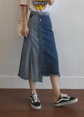 Style Colorblock Asymmetrical Patchwork Tasseled Denim Skirts