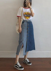 Style Colorblock Asymmetrical Patchwork Tasseled Denim Skirts