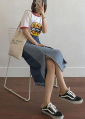Style Colorblock Asymmetrical Patchwork Tasseled Denim Skirts
