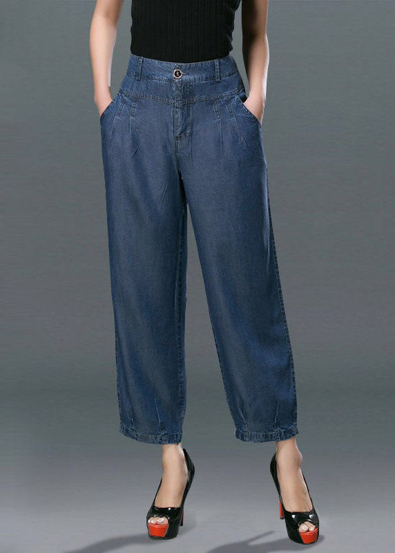 Style Denim Blue High Waist Pockets Cotton Crop Pants