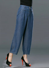 Style Denim Blue High Waist Pockets Cotton Crop Pants