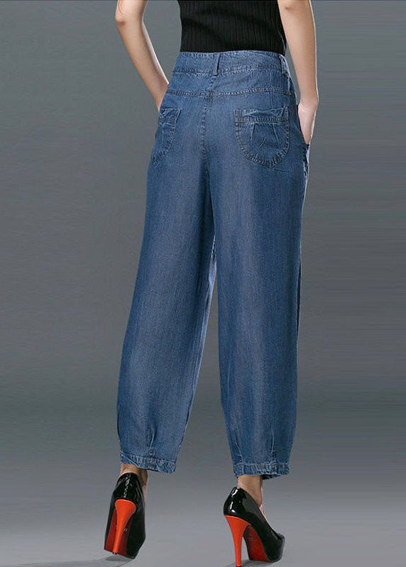 Style Denim Blue High Waist Pockets Cotton Crop Pants