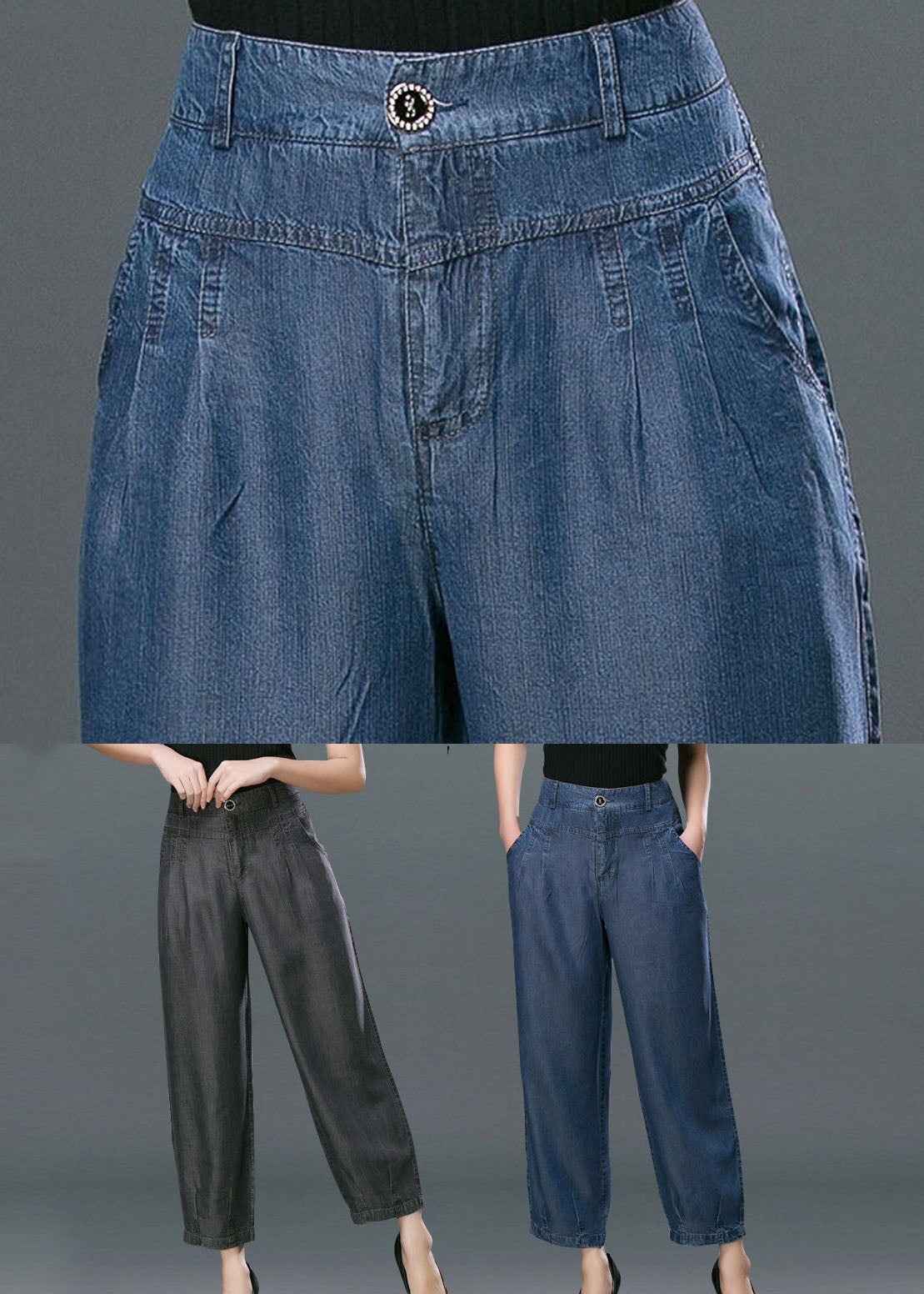 Style Denim Blue High Waist Pockets Cotton Crop Pants