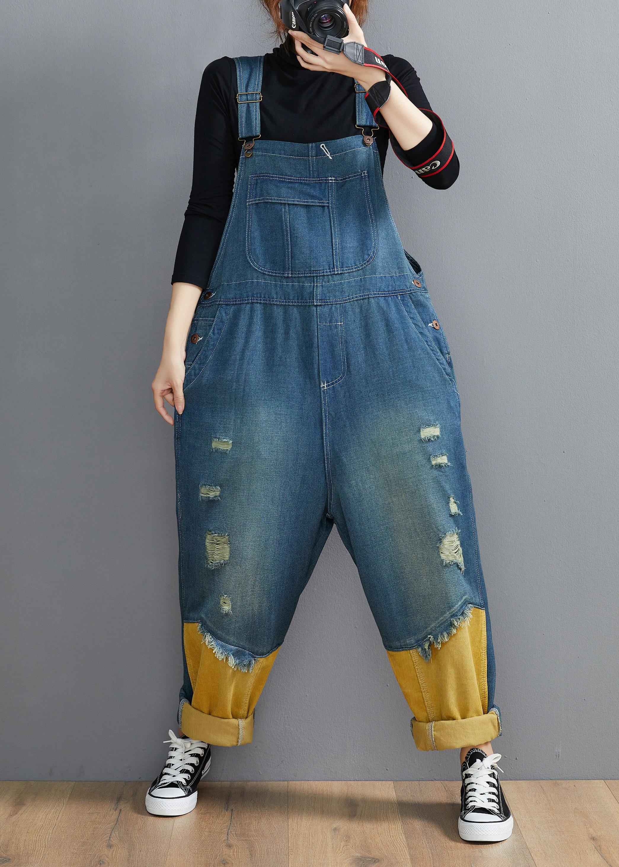 Style Denim Blue Pant Plus Size Hole Jumpsuit Pants