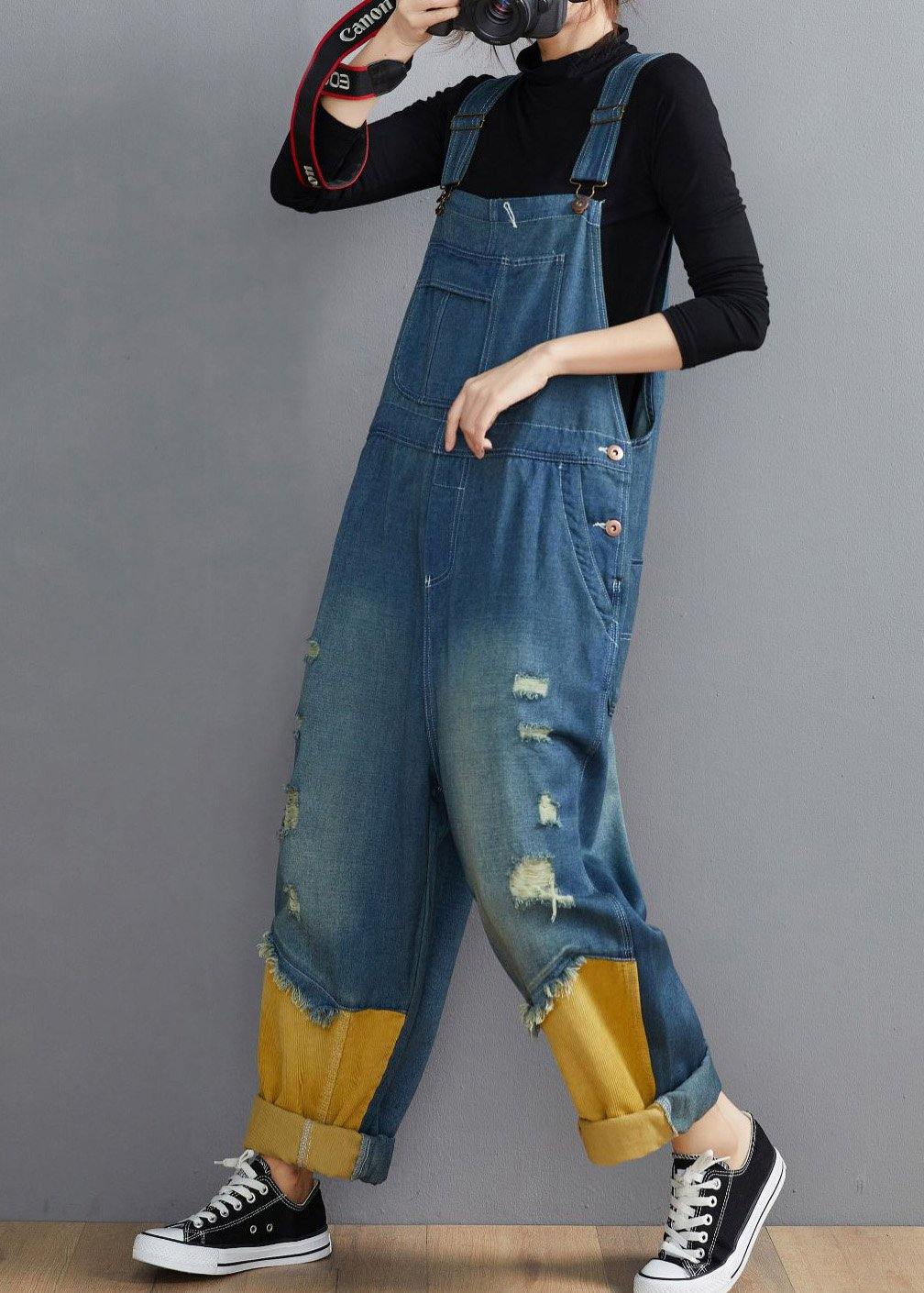 Style Denim Blue Pant Plus Size Hole Jumpsuit Pants