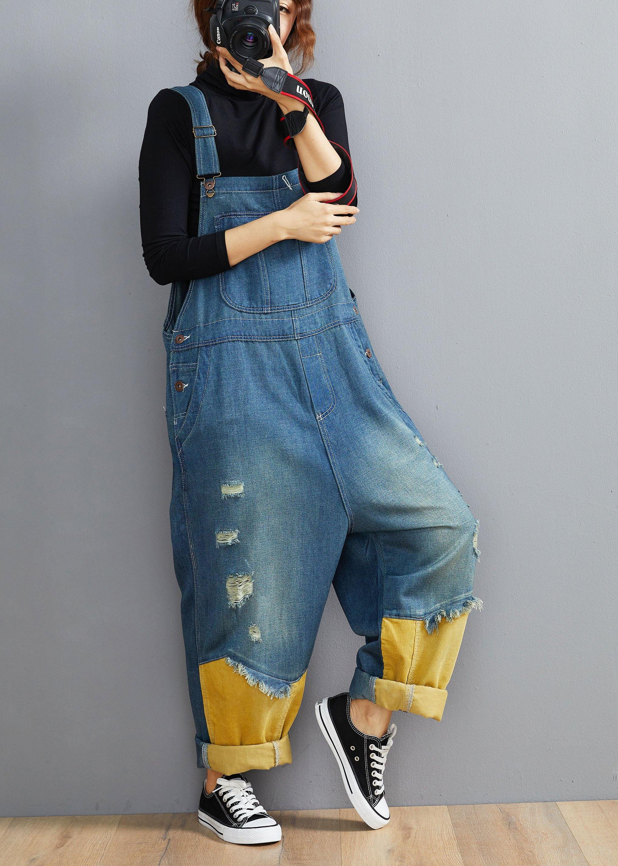 Style Denim Blue Pant Plus Size Hole Jumpsuit Pants