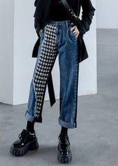 Style Denim Blue Pockets Patchwork Plaid Cotton Straight Crop Pants Fall