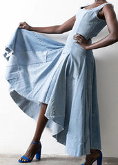 Style Light Blue Asymmetrical Design Patchwork Denim Dress Sleeveless