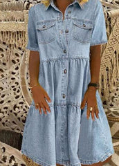 Style Light Blue Peter Pan Collar Wrinkled Patchwork Denim Mid Dress