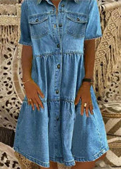 Style Light Blue Peter Pan Collar Wrinkled Patchwork Denim Mid Dress