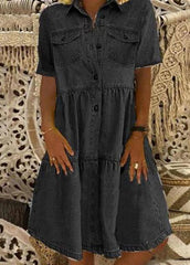 Style Light Blue Peter Pan Collar Wrinkled Patchwork Denim Mid Dress