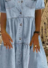 Style Light Blue Peter Pan Collar Wrinkled Patchwork Denim Mid Dress