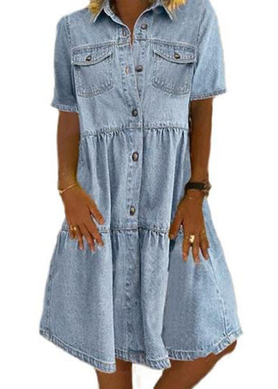 Style Light Blue Peter Pan Collar Wrinkled Patchwork Denim Mid Dress