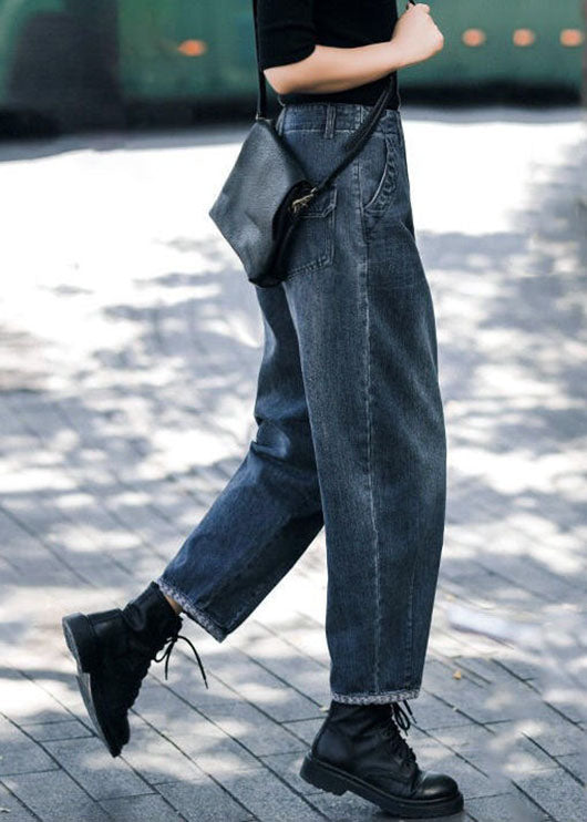 Pantalones vaqueros estilo harén de cintura alta con bolsillos y estampado floral azul marino para otoño.