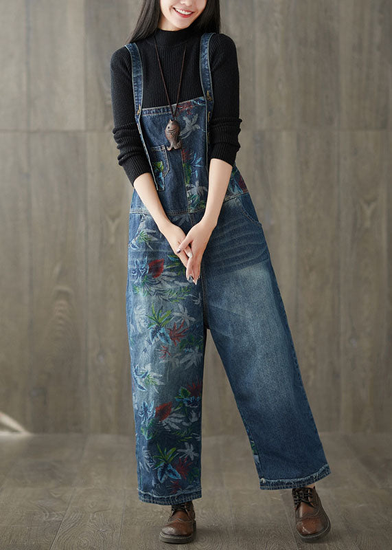 Style Navy Patchwork Print Denim Wide Leg Jumpsuit