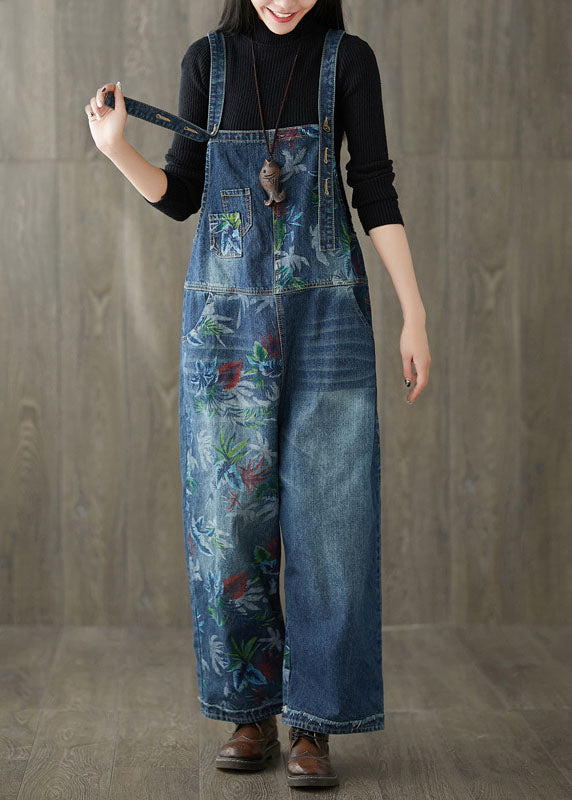 Style Navy Patchwork Print Denim Wide Leg Jumpsuit