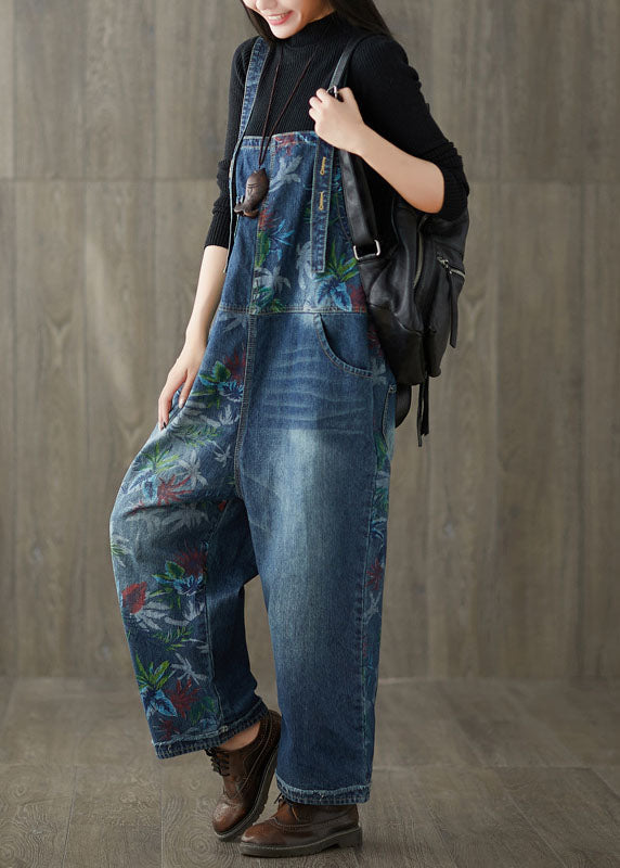 Style Navy Patchwork Print Denim Wide Leg Jumpsuit