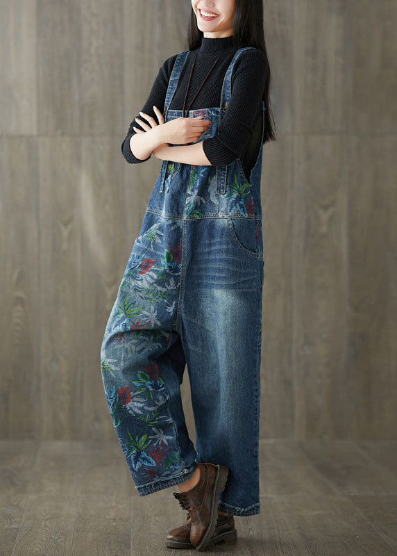 Style Navy Patchwork Print Denim Wide Leg Jumpsuit