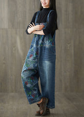 Style Navy Patchwork Print Denim Wide Leg Jumpsuit