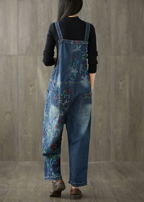 Style Navy Patchwork Print Denim Wide Leg Jumpsuit