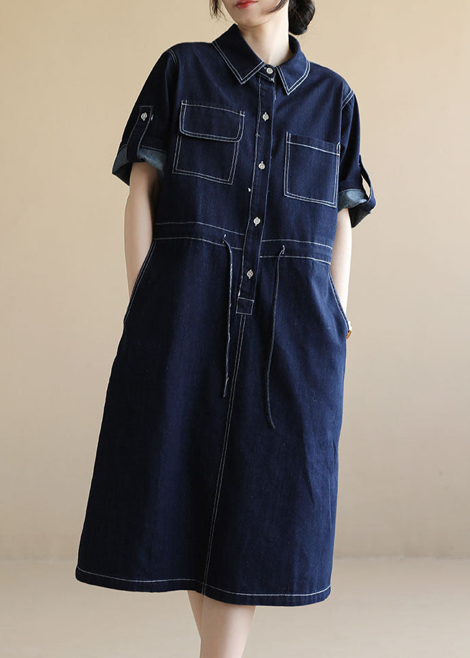 Style Navy Peter Pan Collar Pockets Drawstring Cotton Denim Dresses Short Sleeve