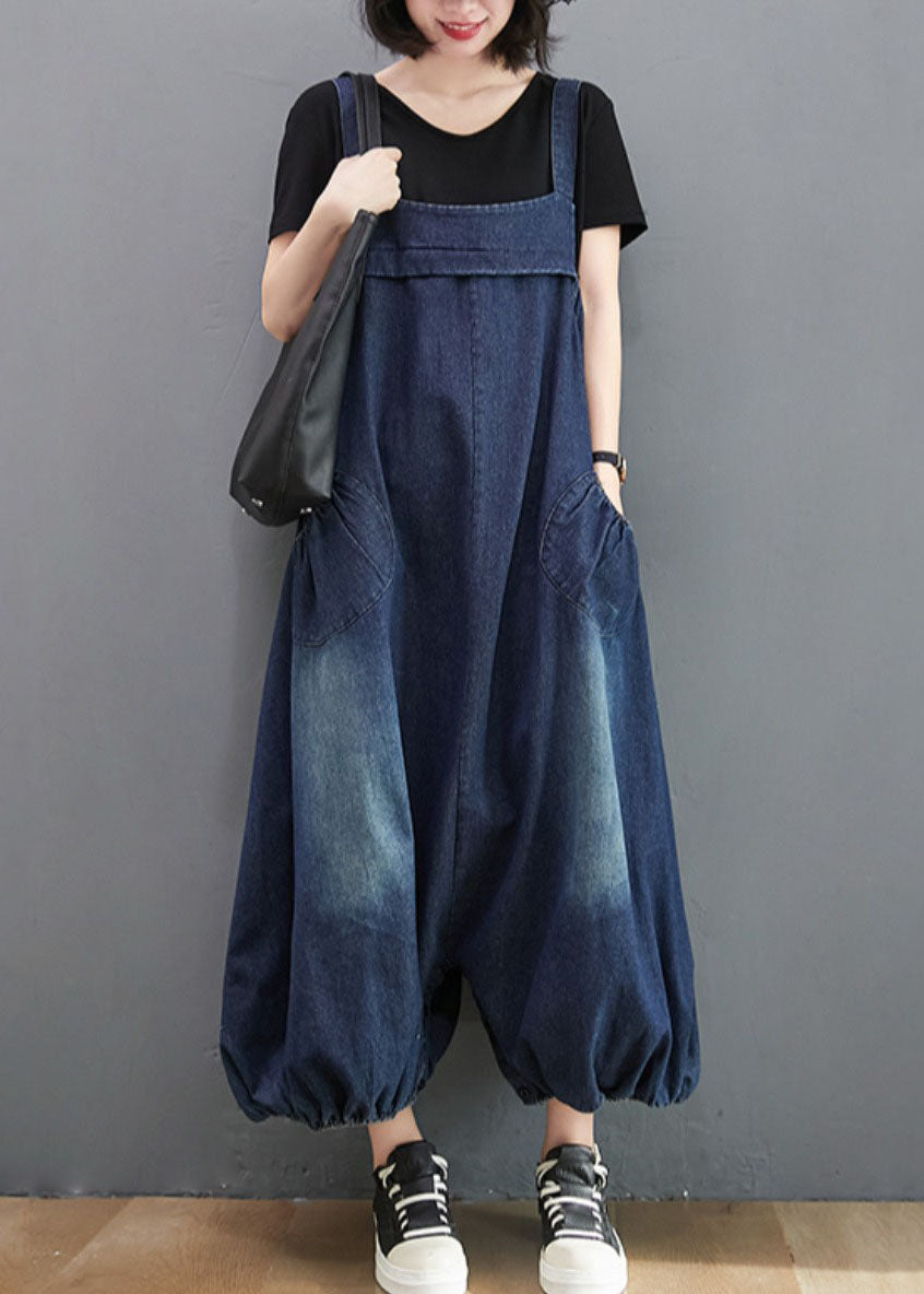 Style Navy Pockets Patchwork Denim Lantern Jumpsuit