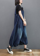 Style Navy Pockets Patchwork Denim Lantern Jumpsuit