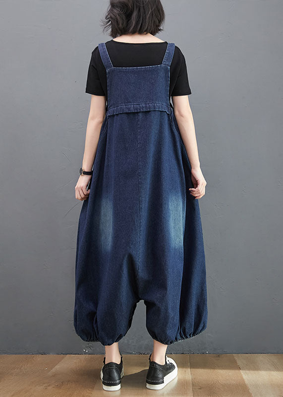 Style Navy Pockets Patchwork Denim Lantern Jumpsuit