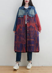 Style Red Peter Pan Collar Patchwork Print Denim Outwear