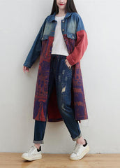 Style Red Peter Pan Collar Patchwork Print Denim Outwear