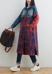 Style Red Peter Pan Collar Patchwork Print Denim Outwear