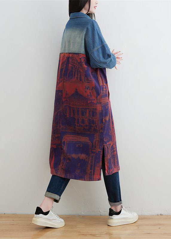 Style Red Peter Pan Collar Patchwork Print Denim Outwear