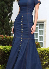 Style Slim Fit Navy O Neck Patchwork Long Denim Dress