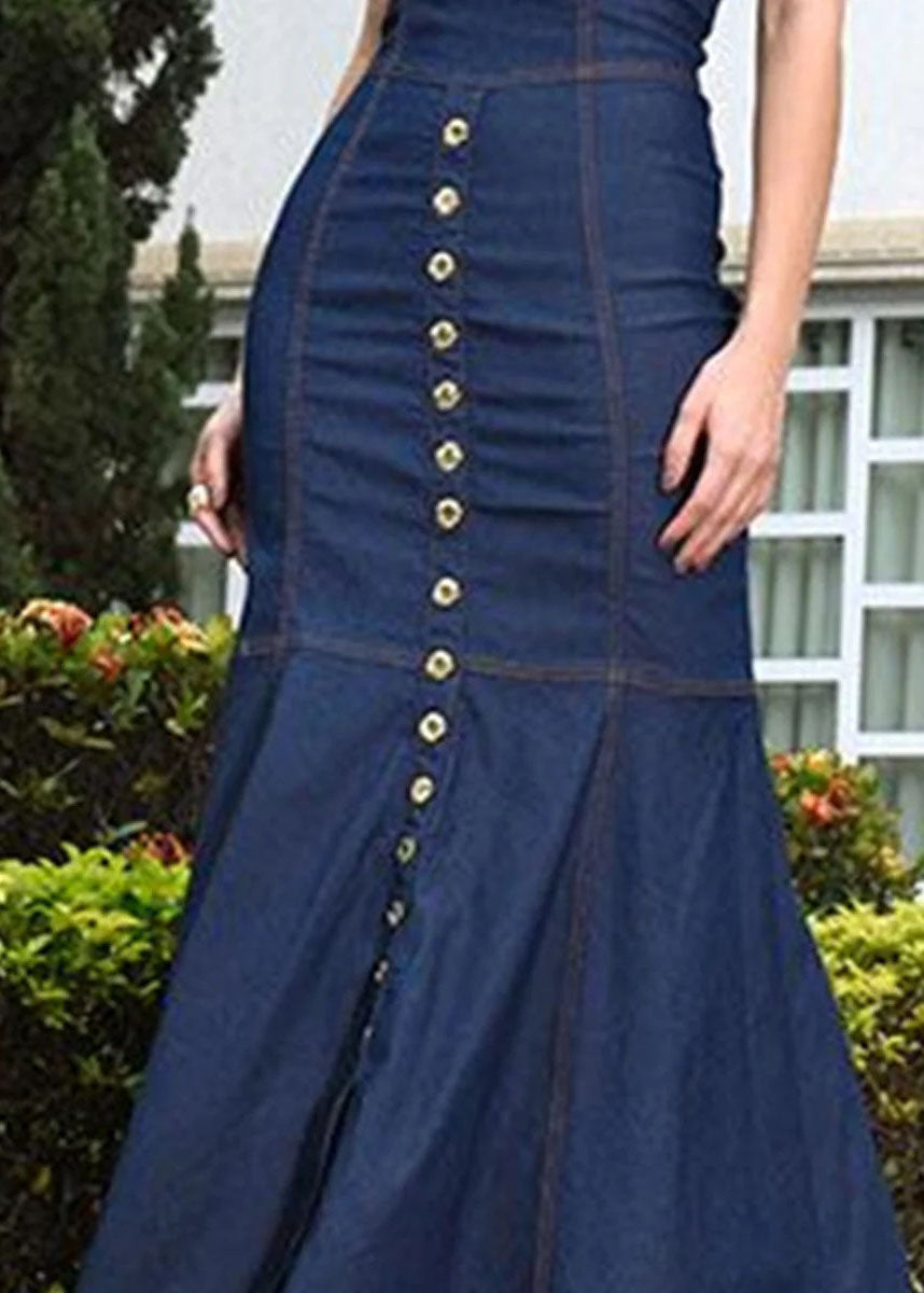 Style Slim Fit Navy O Neck Patchwork Long Denim Dress