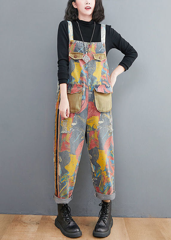 Style Yellow Print Patch Denim Spaghetti Strap Jumpsuit