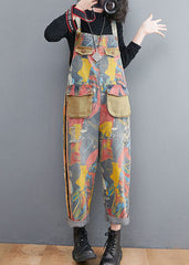 Style Yellow Print Patch Denim Spaghetti Strap Jumpsuit