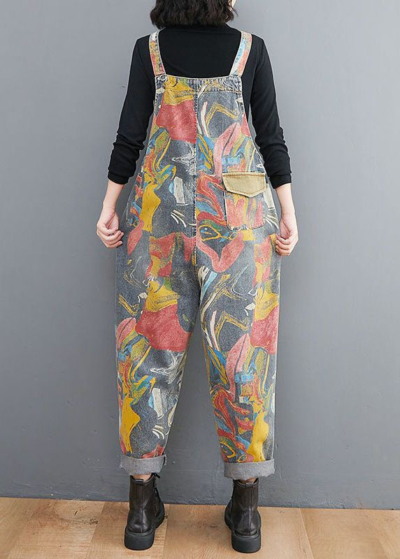 Style Yellow Print Patch Denim Spaghetti Strap Jumpsuit