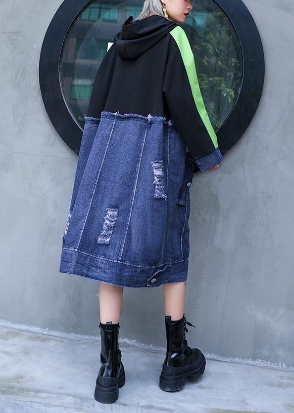 Style black patchwork denim blue outfit hooded Hole shift Dresses