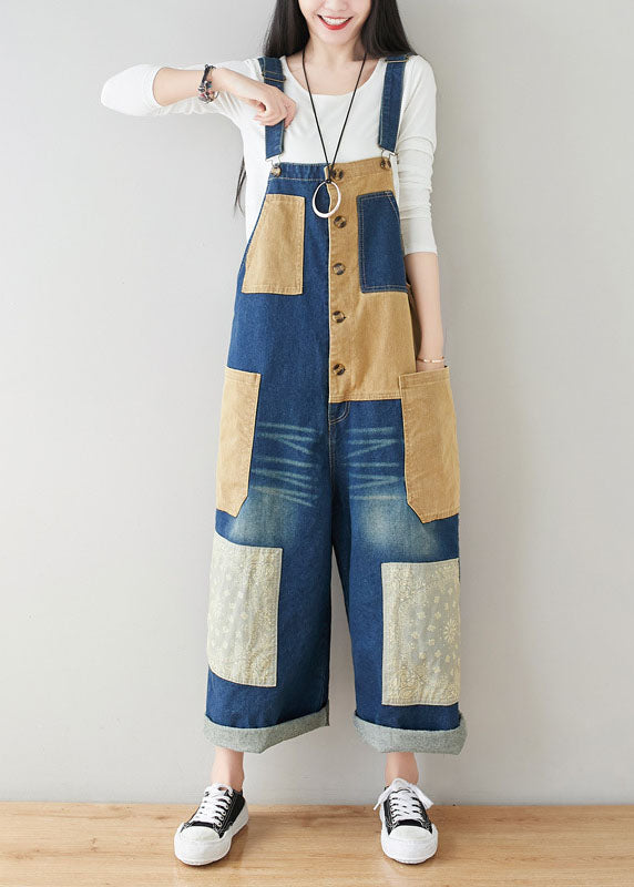 Style dark Blue Pockets Patchwork Cotton denim Jumpsuits