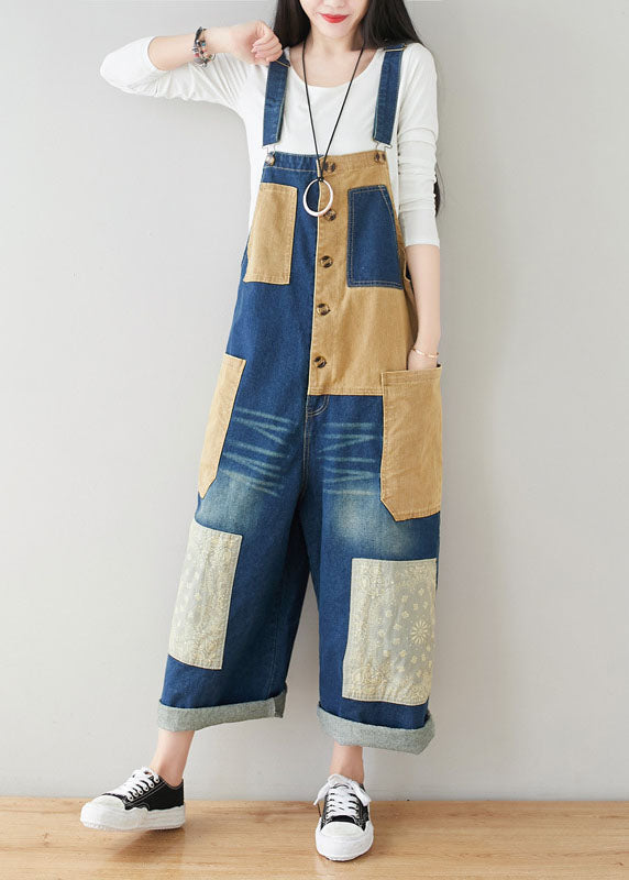 Style dark Blue Pockets Patchwork Cotton denim Jumpsuits