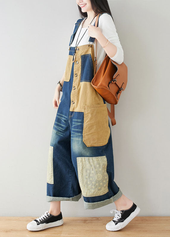 Style dark Blue Pockets Patchwork Cotton denim Jumpsuits