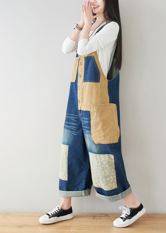 Style dark Blue Pockets Patchwork Cotton denim Jumpsuits