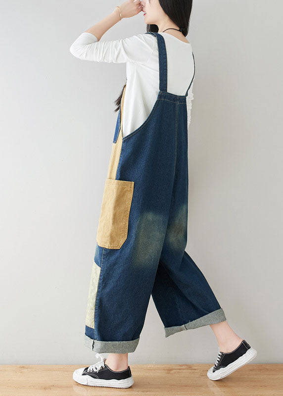 Style dark Blue Pockets Patchwork Cotton denim Jumpsuits