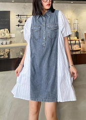 Style lapel quilting dresses Runway white striped patchwork denim Dresses