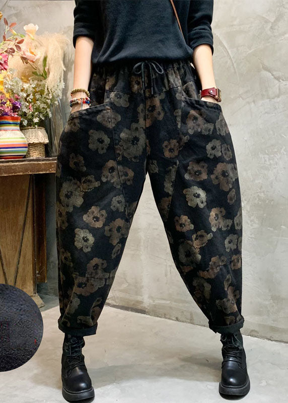 Stylish Black Cinched Floral Pockets denim Pants Winter