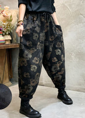 Stylish Black Cinched Floral Pockets denim Pants Winter