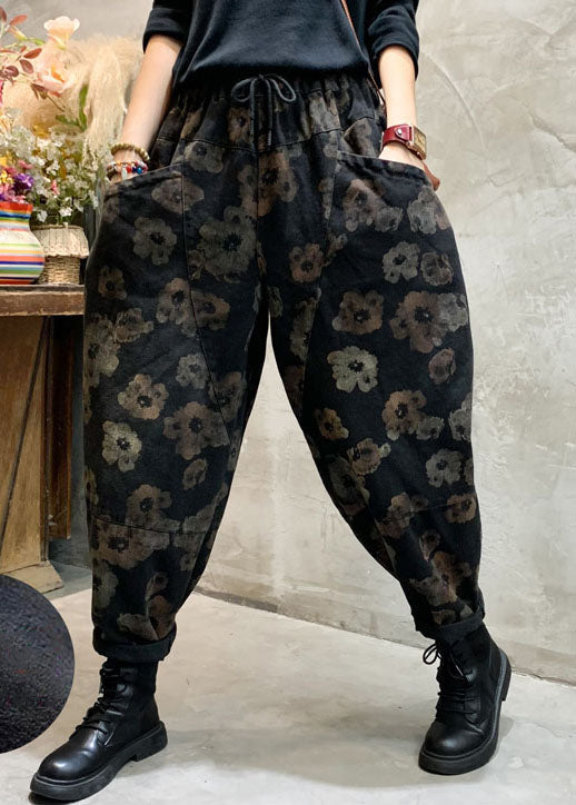 Stylish Black Cinched Floral Pockets denim Pants Winter