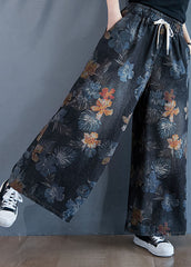 Stilvolle schwarze gerade Jeanshose aus Baumwoll-Jeansstoff mit Oversize-Print