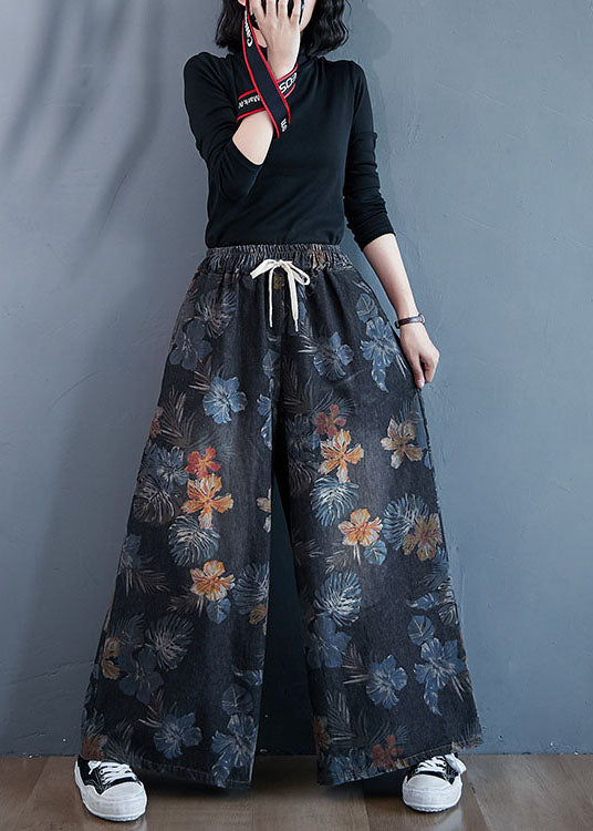 Stilvolle schwarze gerade Jeanshose aus Baumwoll-Jeansstoff mit Oversize-Print