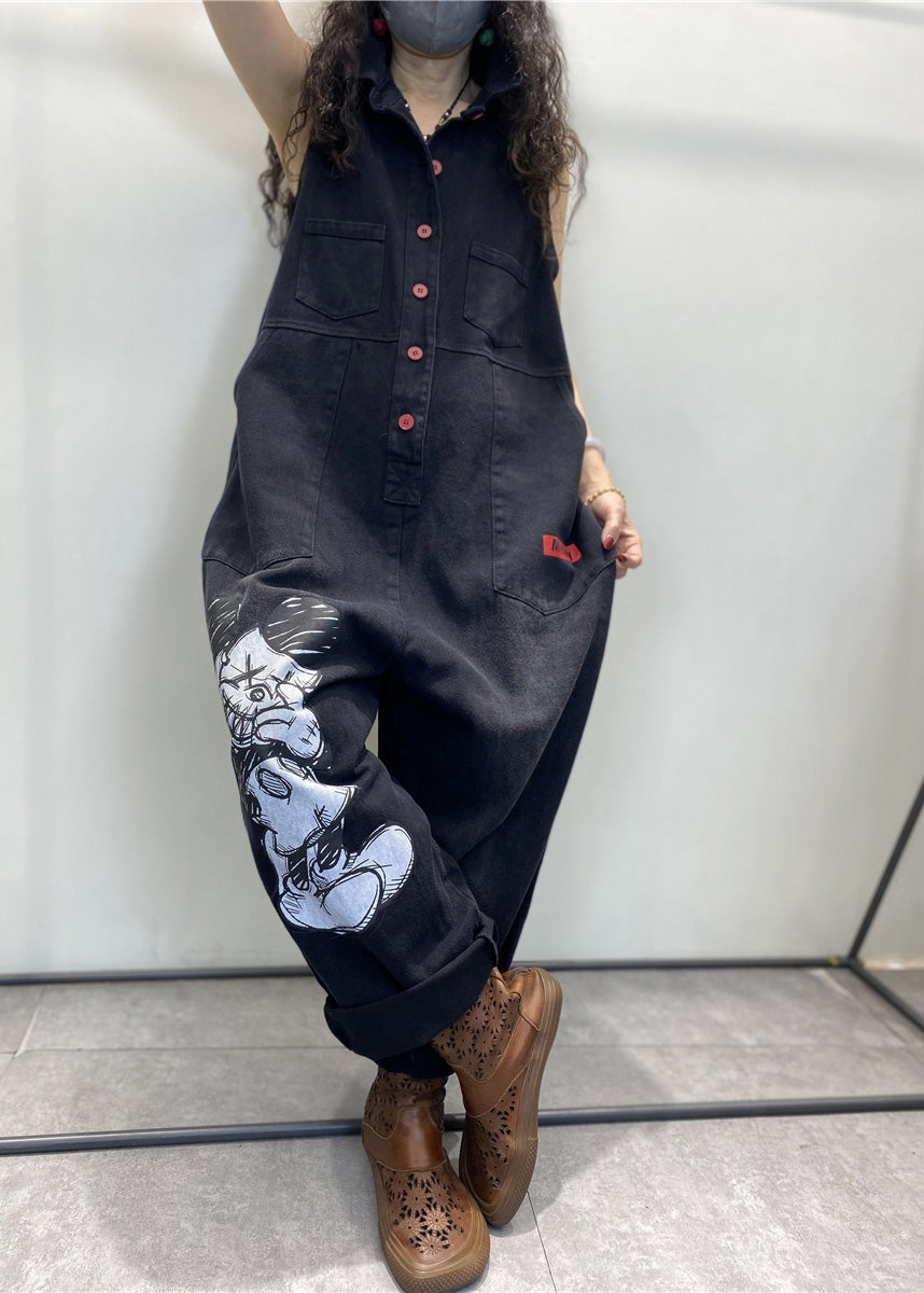 Stylish Black Peter Pan Collar Print Button Denim Jumpsuits